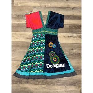 Desigual Patchwork V Neck Short Sleeve Maxi Dress Abstract Print Women's Size L